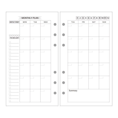 EvZ A6 Refill Month Planner Paper, 6 Holes Ring Binder Filler for 7 Inches  Refillable Journal Notebook Diary Organizer Planner Inserts, 80 Sheets/160