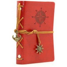 Leather Writing Journal Notebook, EvZ 5 Inches Vintage Nautical Spiral Blank String Diary Notepad Sketchbook Travel to Write in, Unlined Paper, Retro Pendants, Classic Embossed, Red