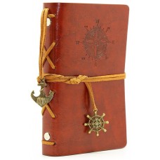 Leather Writing Journal Notebook, EvZ 5 Inches Vintage Nautical Spiral Blank String Diary Notepad Sketchbook Travel to Write in, Unlined Paper, Retro Pendants, Classic Embossed, Red Brown