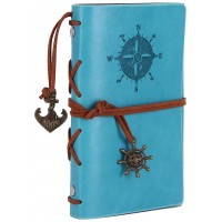 Leather Writing Journal Notebook, EvZ 5 Inches Vintage Nautical Spiral Blank String Diary Notepad Sketchbook Travel to Write in, Unlined Paper, Retro Pendants, Classic Embossed, Sky Blue