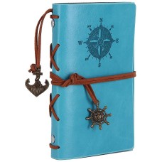 Leather Writing Journal Notebook, EvZ 5 Inches Vintage Nautical Spiral Blank String Diary Notepad Sketchbook Travel to Write in, Unlined Paper, Retro Pendants, Classic Embossed, Sky Blue