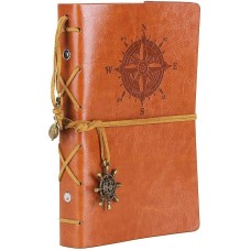 Leather Writing Journal Notebook, EvZ 7 Inches Vintage Nautical Spiral Blank String Diary Notepad Sketchbook Travel to Write in, Unlined Paper, Retro Pendants, Classic Embossed, Brown