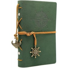 Leather Writing Journal Notebook, EvZ 7 Inches Vintage Nautical Spiral Blank String Diary Notepad Sketchbook Travel to Write in, Unlined Paper, Retro Pendants, Classic Embossed, Dark Green