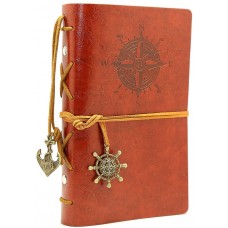 Leather Writing Journal Notebook, EvZ 7 Inches Vintage Nautical Spiral Blank String Diary Notepad Sketchbook Travel to Write in, Unlined Paper, Retro Pendants, Classic Embossed, Red Brown