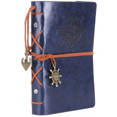 Leather Writing Journal Notebook, EvZ 7 Inches Vintage Nautical Spiral Blank String Diary Notepad Sketchbook Travel to Write in, Unlined Paper, Retro Pendants, Classic Embossed, Dark Blue