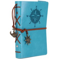 Leather Writing Journal Notebook, EvZ 7 Inches Vintage Nautical Spiral Blank String Diary Notepad Sketchbook Travel to Write in, Unlined Paper, Retro Pendants, Classic Embossed, Sky Blue