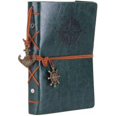 Leather Writing Journal Notebook, EvZ 7 Inches Vintage Nautical Spiral Blank String Diary Notepad Sketchbook Travel to Write in, Unlined Paper, Retro Pendants, Classic Embossed, Retro Green