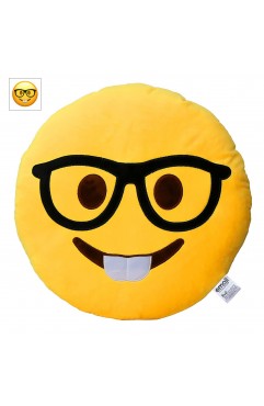 EvZ Official Certified Glasses Boy Emoji Pillow - 32cm Large Soft Plush Smiley Face Geek Emoticon Cushion - Cute Decorative Stuffed Toy for Students, School Gift, Home & Office Decor (Yellow)