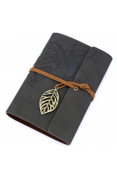 EvZ 5 Inch Mini Vintage Leather Journal, Pocket Size Refillable Loose Leaf Notebook, Retro Black PU Cover with Metal Leaf Pendant, Blank Kraft Paper Small Travel Diary & Sketchbook