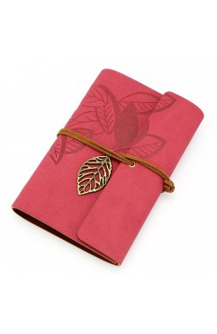 EvZ 5 Inch Mini Vintage Leather Journal, Pocket Size Refillable Loose Leaf Notebook, Retro Dark Red PU Cover with Metal Leaf Pendant, Blank Kraft Paper Small Travel Diary & Sketchbook
