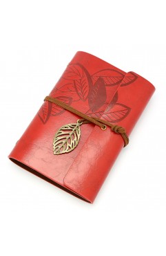 EvZ 5 Inch Mini Vintage Leather Journal, Pocket Size Refillable Loose Leaf Notebook, Retro Red PU Cover with Metal Leaf Pendant, Blank Kraft Paper Small Travel Diary & Sketchbook