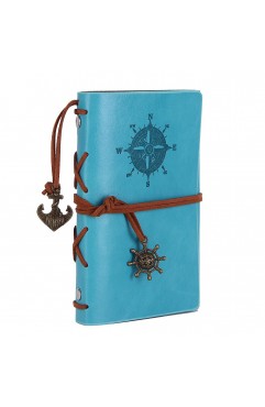 EvZ Retro Sky Blue Leather Journal - 5" Refillable Vintage Nautical Notebook with Anchor & Rudder Pendants - Small Spiral Blank Sketchbook for Travel, Dream Journaling & Art - Classic Embossed Diary, Pastel Blue