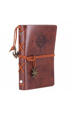 EvZ Vintage Leather Journal - 5" Refillable Coffee Brown Notebook with Anchor & Rudder Pendants - Small Spiral Blank Diary for Travel, Writing & Art - Classic Embossed Nautical Sketchbook