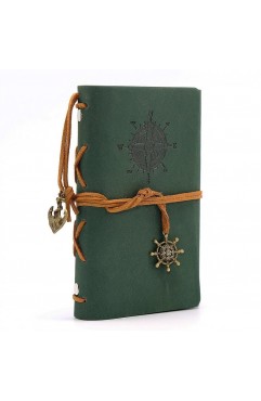 EvZ Dark Green Leather Journal - 5" Refillable Vintage Nautical Notebook with Anchor & Rudder Pendants - Small Spiral Blank Sketchbook for Nature Writing, Travel & Art - Classic Embossed Forest Diary