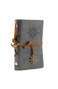 EvZ Retro Gray Leather Journal - 5" Refillable Vintage Nautical Notebook with Anchor & Rudder Pendants - Small Spiral Blank Sketchbook for Travel, Daily Planning & Art - Classic Embossed Diary, Slate Gray