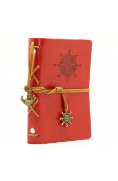EvZ Retro Red Leather Journal - 5" Refillable Vintage Nautical Notebook with Anchor & Rudder Pendants - Small Spiral Blank Sketchbook for Travel, Poetry & Gratitude - Classic Embossed Diary, Wine Red